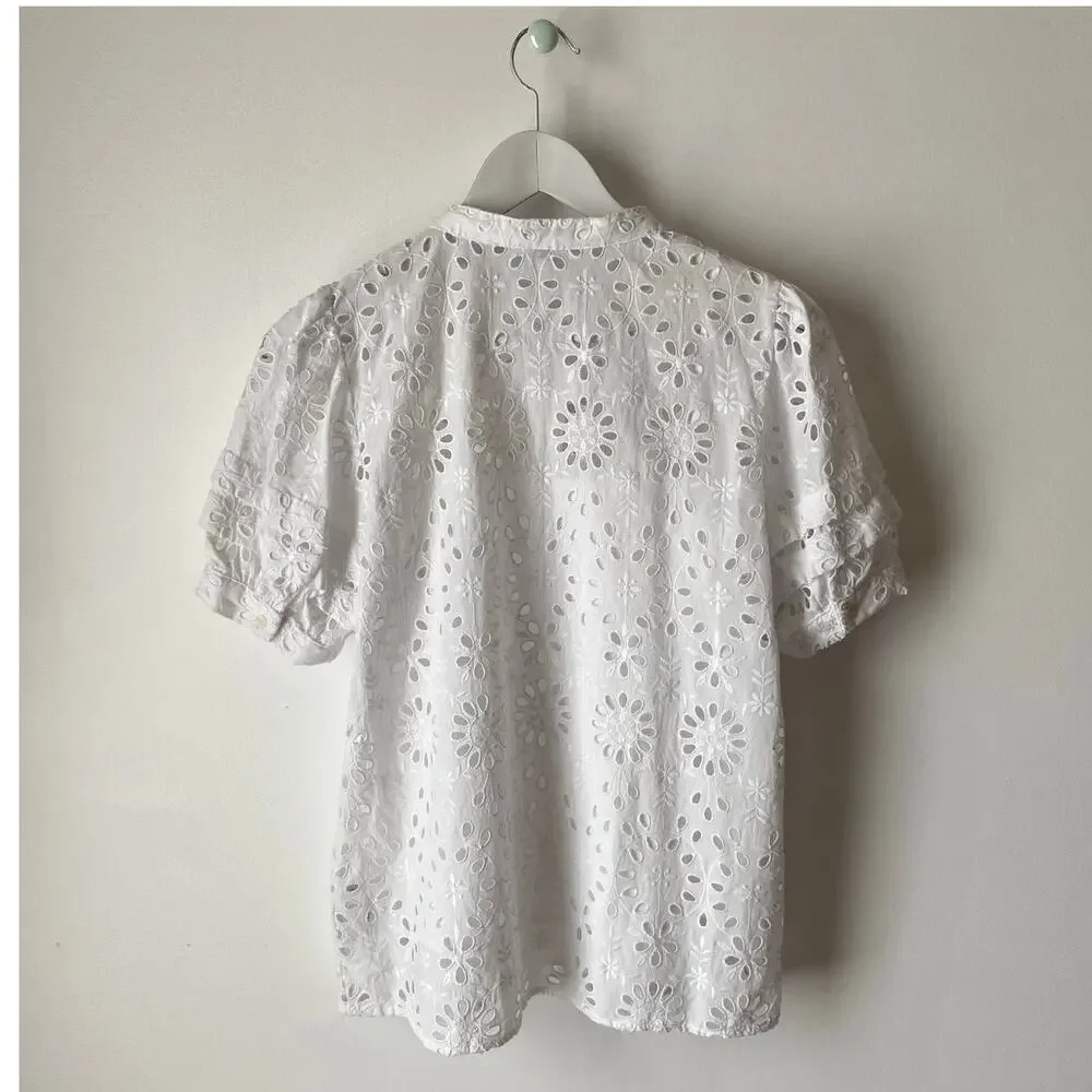 J. Crew White Puff-Sleeve Popover Eyelet Top Size Small
